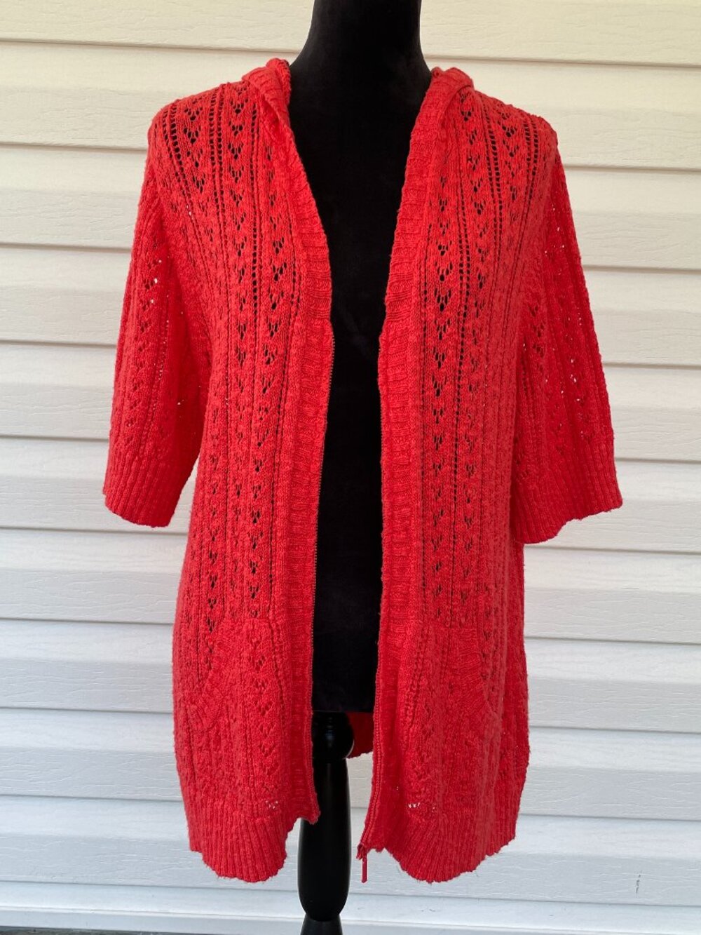 NWT COLDWATER CREEK Elbow Sleeve Crochet Zip Sweater 18 Red/Orange